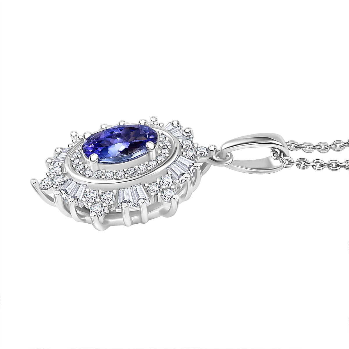 D'Joy Tanzanite, Moissanite Halo Pendant with Chain (Size 20) in Rhodium Overlay Sterling Silver 1.37 Ct. 4417915 4
