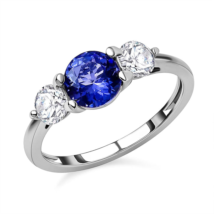 Tanzanite and Moissanite Trilogy Ring in Platinum Overlay Sterling Silver 7546067 1