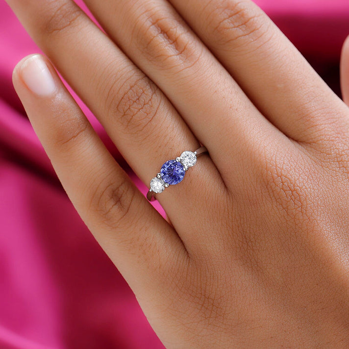 Tanzanite and Moissanite Trilogy Ring in Platinum Overlay Sterling Silver 7546067 2