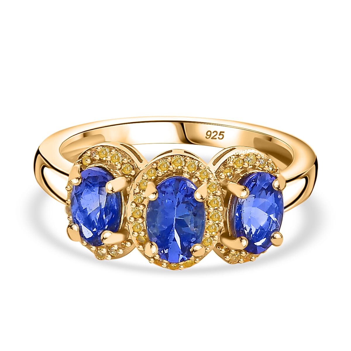 Tanzanite, Natural Yellow Diamond 3-Stone Ring in 18K Yellow Gold Vermeil Plated Sterling Silver 7899185 0