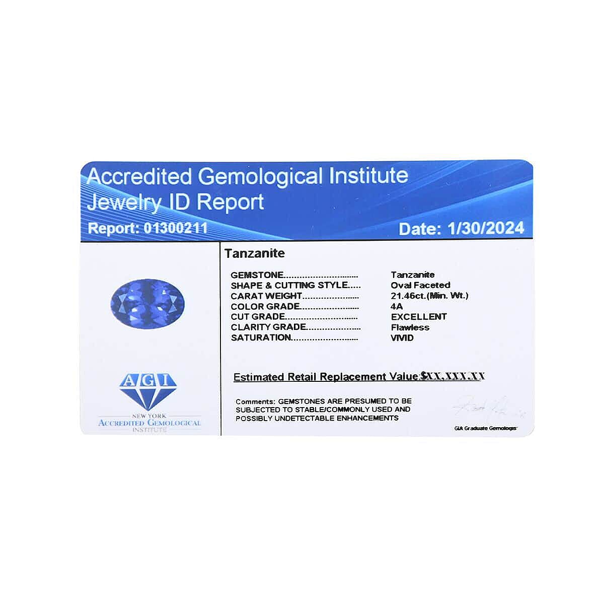 Chairman Vault Collection - Certified and Appraised AAAA Tanzanite Loose Gemstone (Ovl Shape) 21.46 ct. 7725530 8