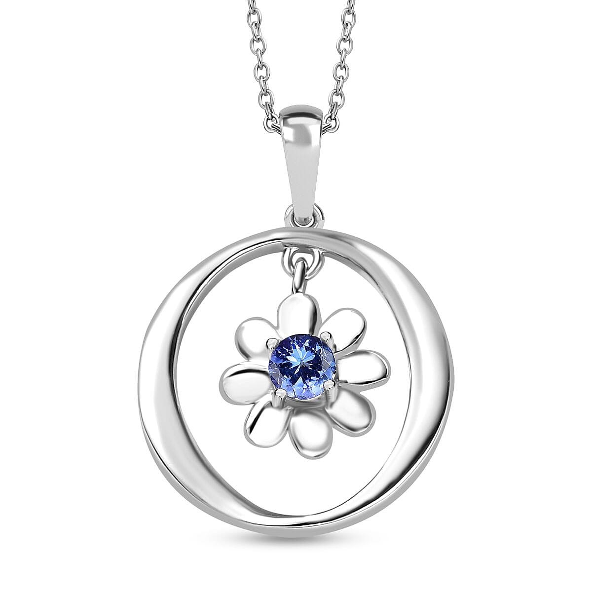 Tanzanite Floral Dangle Pendant with Chain (Size 20) in Rhodium Overlay Sterling Silver 4290996 0