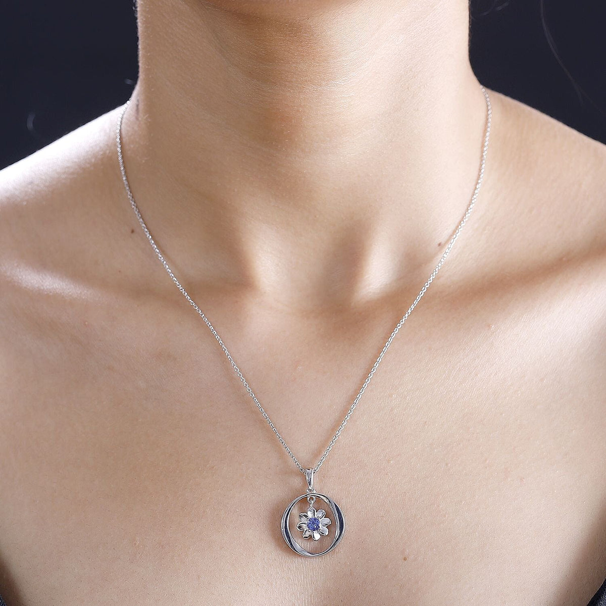 Tanzanite Floral Dangle Pendant with Chain (Size 20) in Rhodium Overlay Sterling Silver 4290996 2
