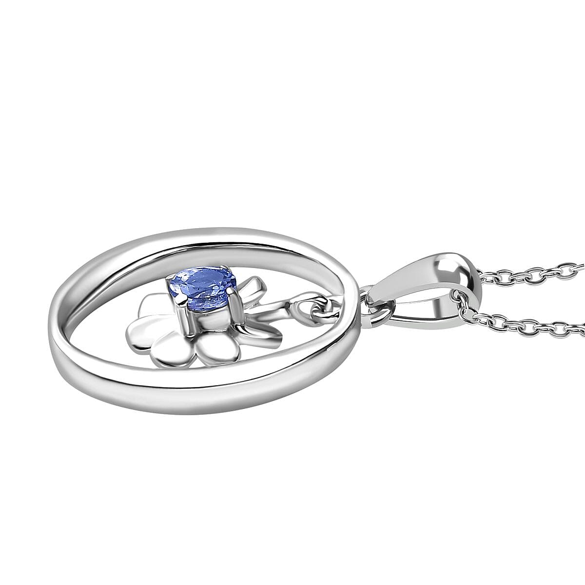 Tanzanite Floral Dangle Pendant with Chain (Size 20) in Rhodium Overlay Sterling Silver 4290996 4