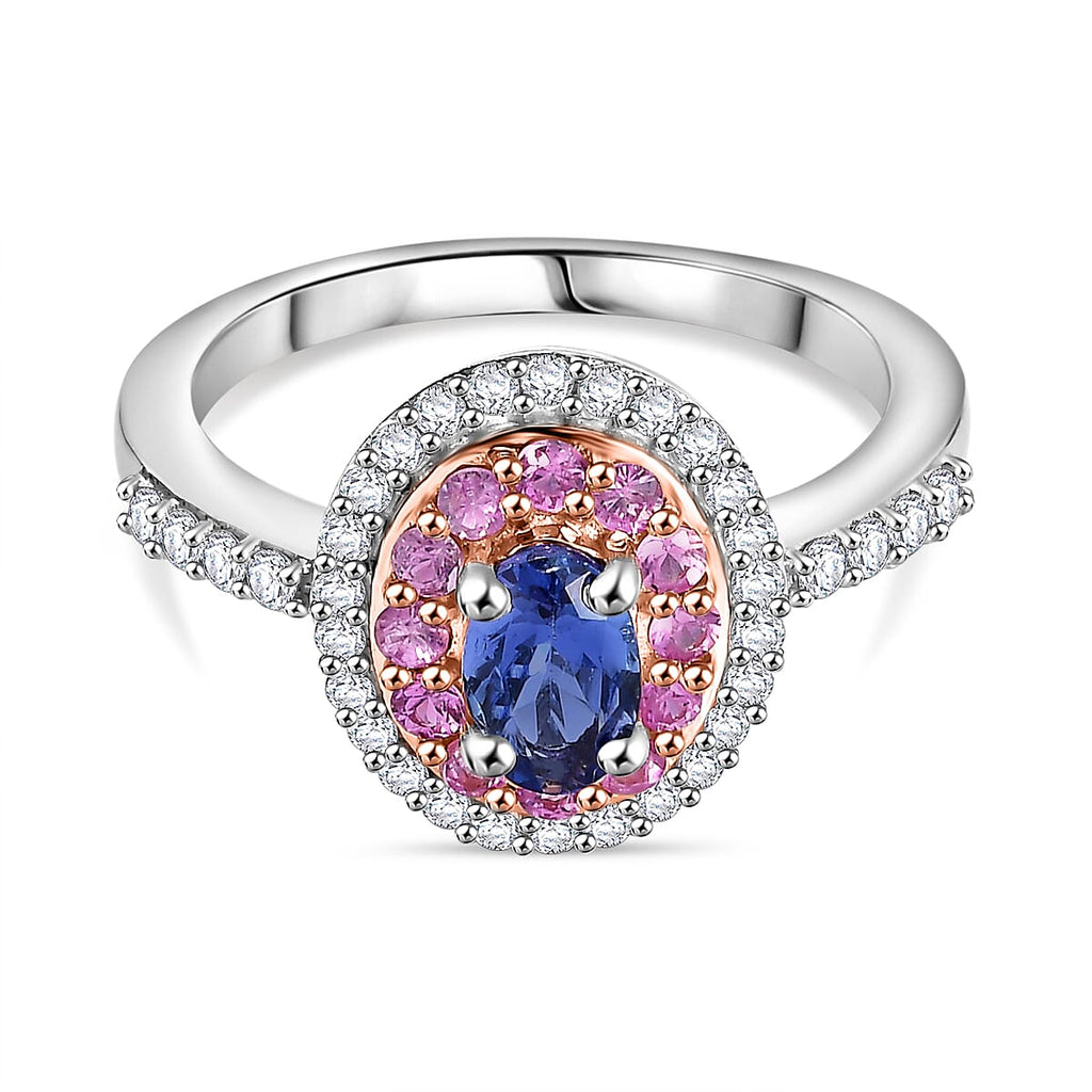 Close Out Deal- Premium Tanzanite, Pink Sapphire and Zircon Halo Ring in Rhodium Overlay Sterling Silver 1.26 Ct.