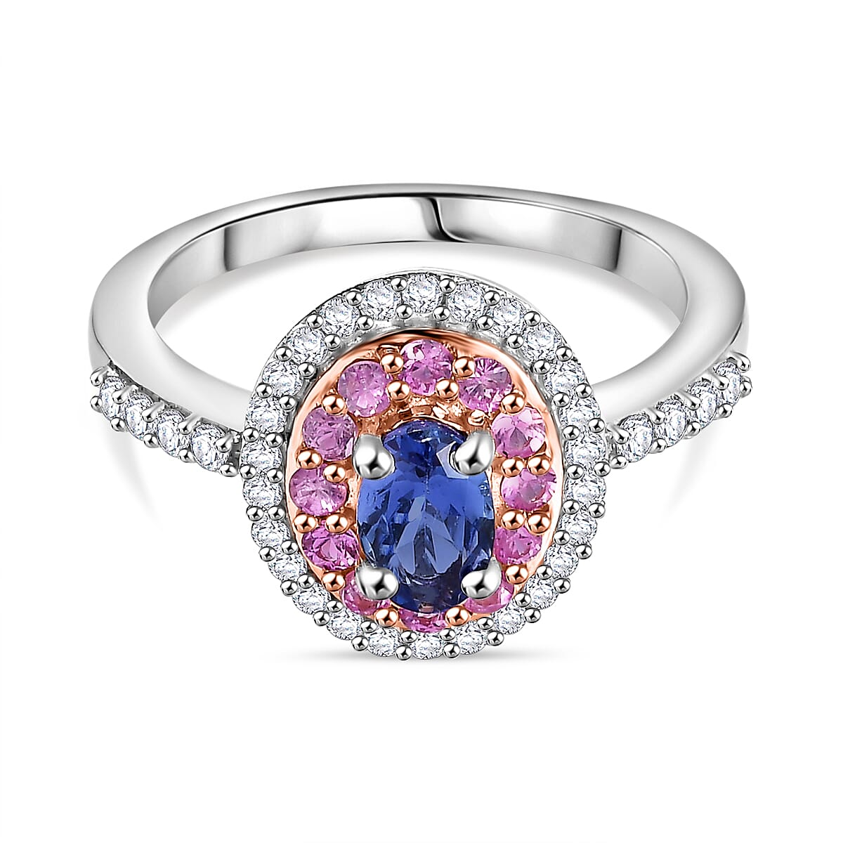 Tanzanite Pink Sapphire and Zircon Halo Ring in 18K Vermeil Rose Gold Overlay Sterling Silver 7993056 0