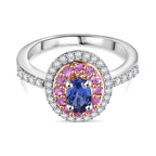Close Out Deal- Premium Tanzanite, Pink Sapphire and Zircon Halo Ring in Rhodium Overlay Sterling Silver 1.26 Ct.