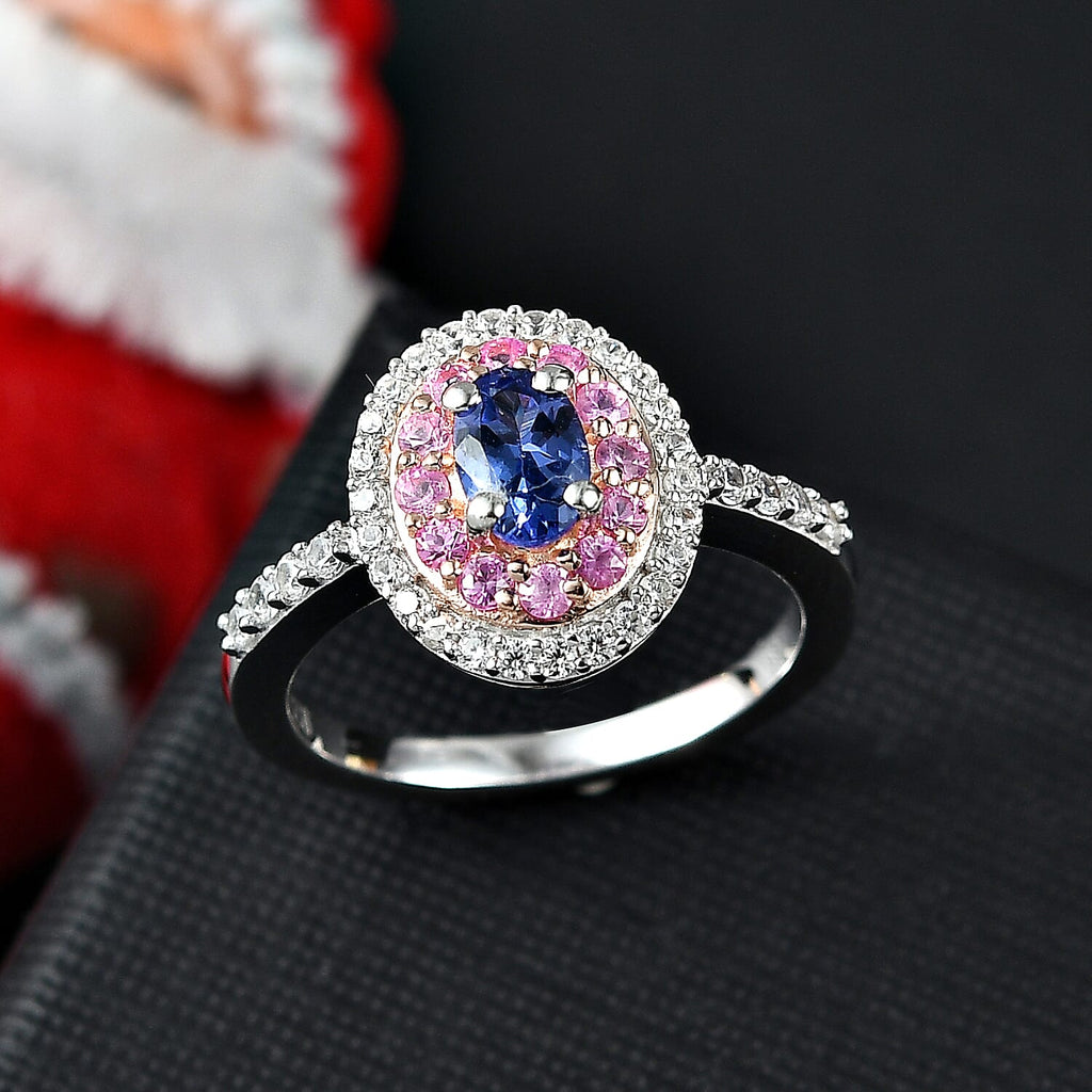 Close Out Deal- Premium Tanzanite, Pink Sapphire and Zircon Halo Ring in Rhodium Overlay Sterling Silver 1.26 Ct.