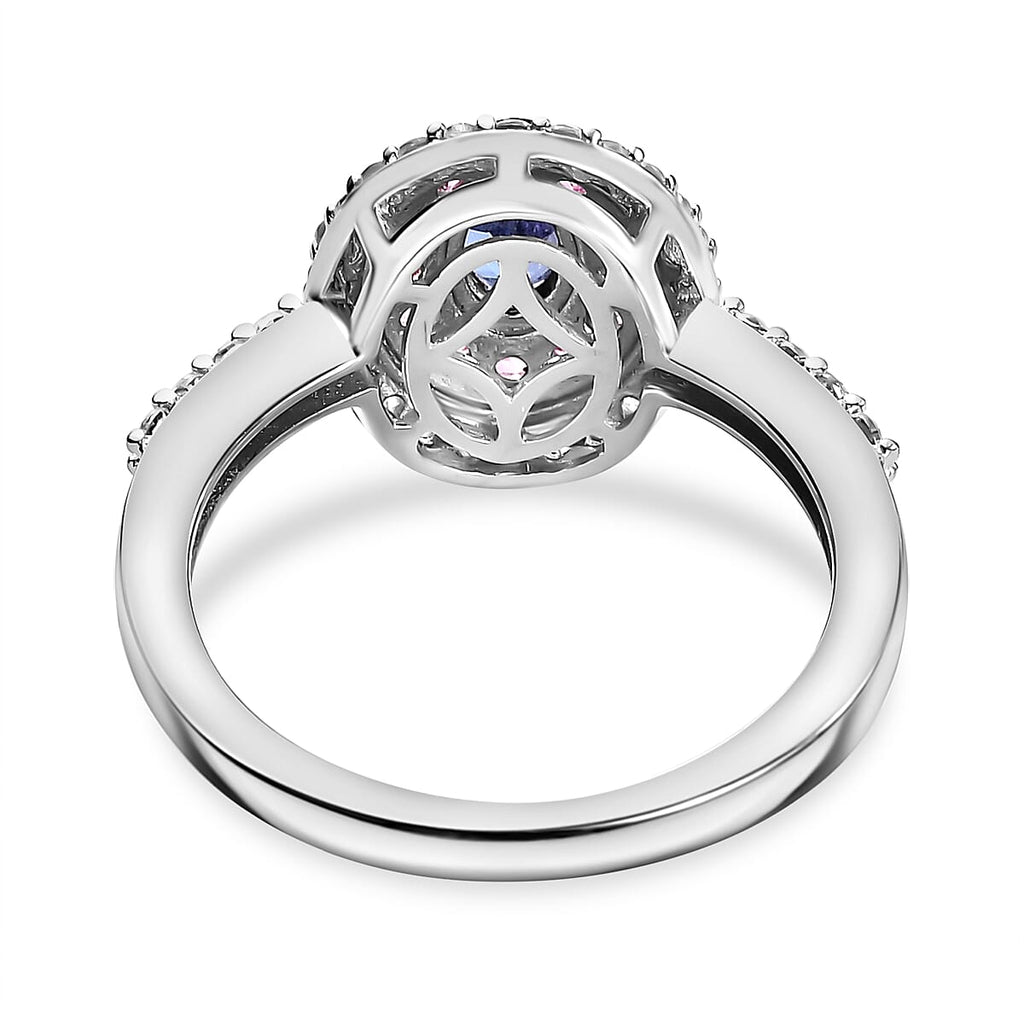 Close Out Deal- Premium Tanzanite, Pink Sapphire and Zircon Halo Ring in Rhodium Overlay Sterling Silver 1.26 Ct.
