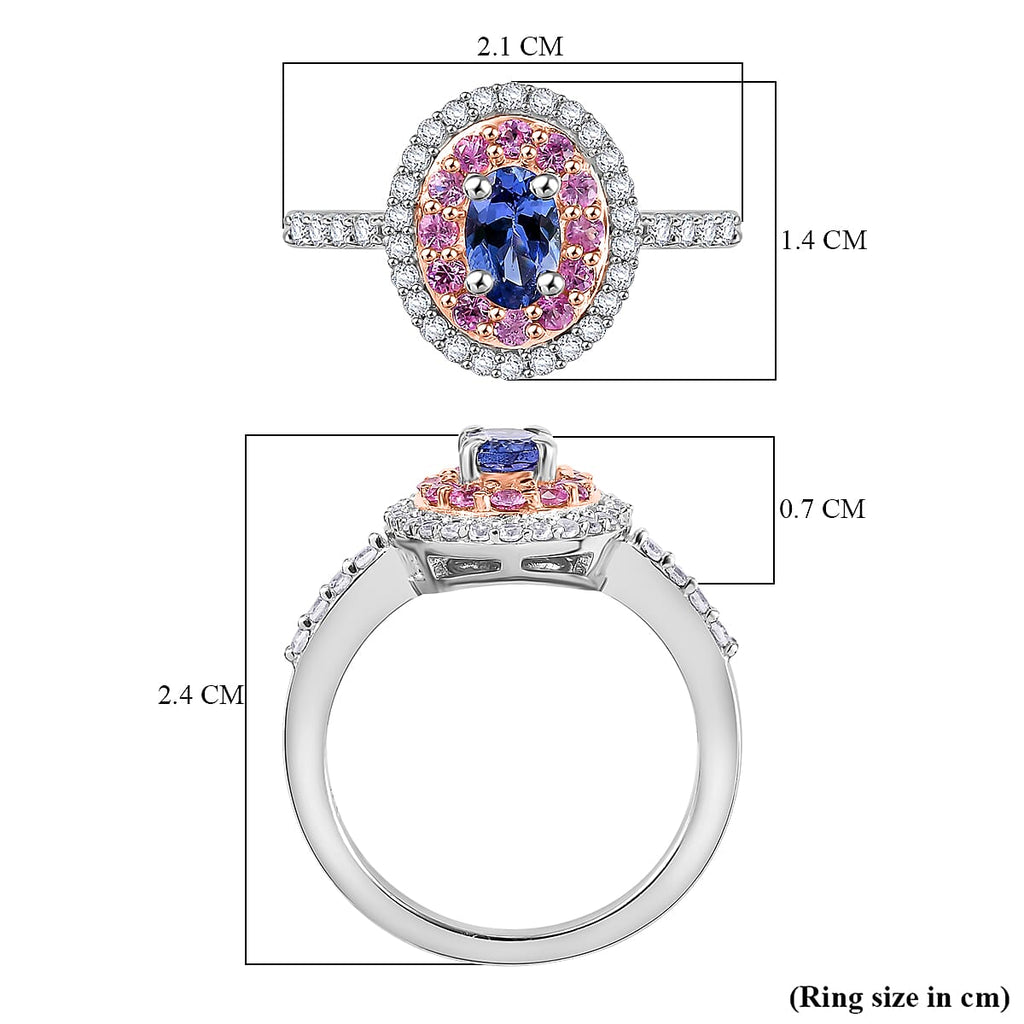 Close Out Deal- Premium Tanzanite, Pink Sapphire and Zircon Halo Ring in Rhodium Overlay Sterling Silver 1.26 Ct.