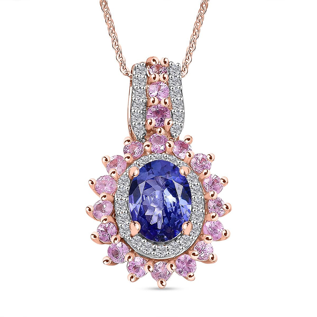 Tanzanite, Pink Sapphire &amp; White Zircon Pendant with Chain (Size 20) in 18K Vermeil Rose Gold Plated Sterling Silver 2.56 Ct. 4357502 0