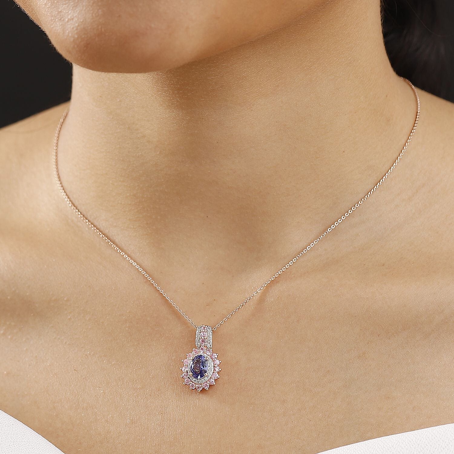 Tanzanite, Pink Sapphire &amp; White Zircon Pendant with Chain (Size 20) in 18K Vermeil Rose Gold Plated Sterling Silver 2.56 Ct. 4357502 2