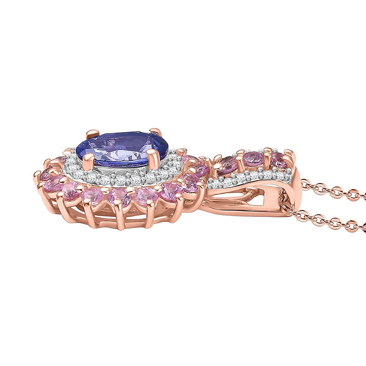 Tanzanite, Pink Sapphire &amp; White Zircon Pendant with Chain (Size 20) in 18K Vermeil Rose Gold Plated Sterling Silver 2.56 Ct. 4357502 4