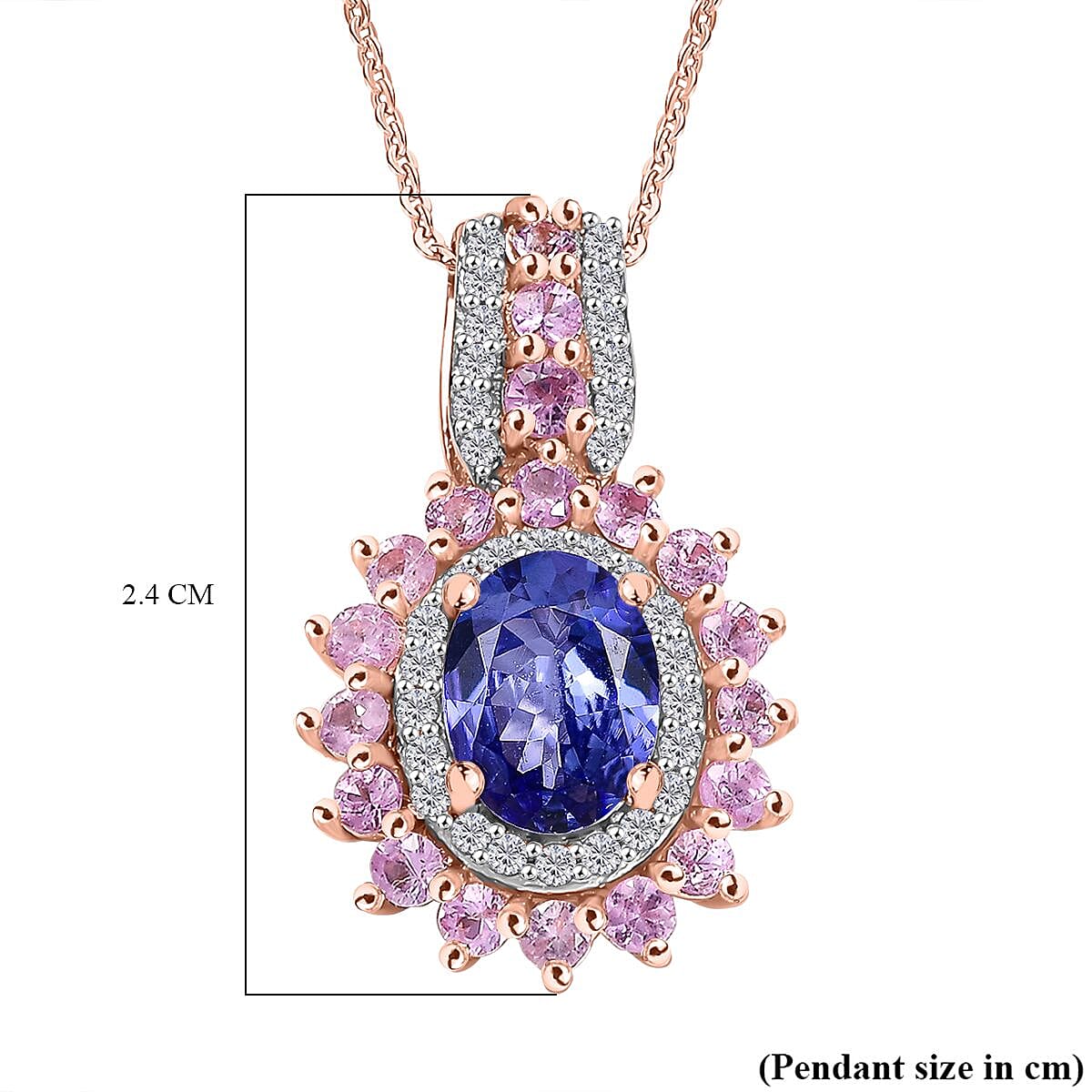 Tanzanite, Pink Sapphire &amp; White Zircon Pendant with Chain (Size 20) in 18K Vermeil Rose Gold Plated Sterling Silver 2.56 Ct. 4357502 7