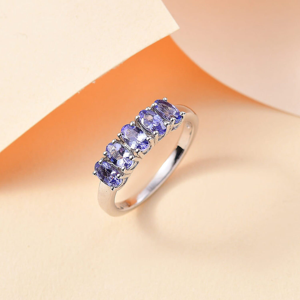 Premium Tanzanite 5 Stone Ring in Rhodium Overlay Sterling Silver 1.25 ct