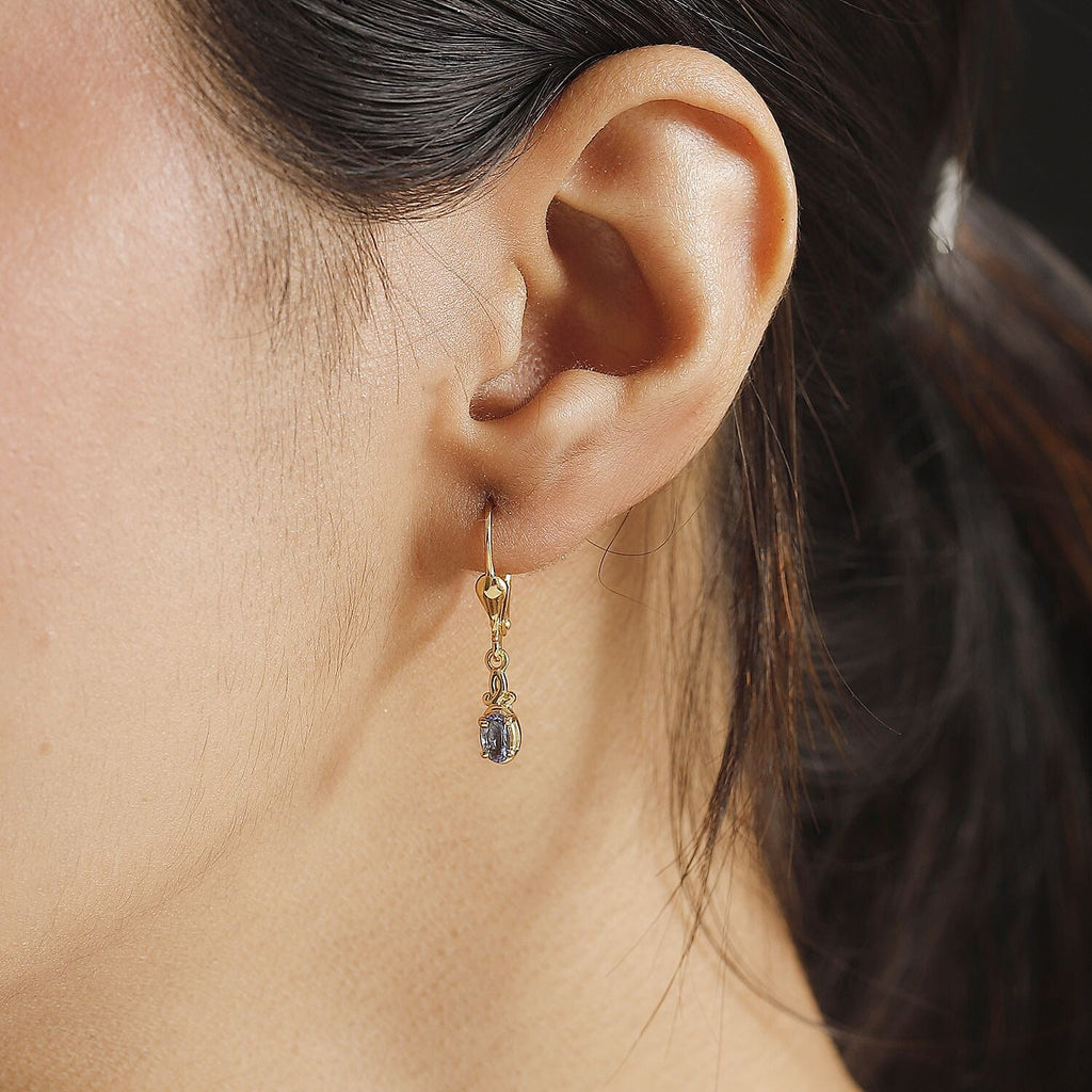 Tanzanite Solitaire Lever Back Earring in 18K YG Vermeil Sterling Silver.
