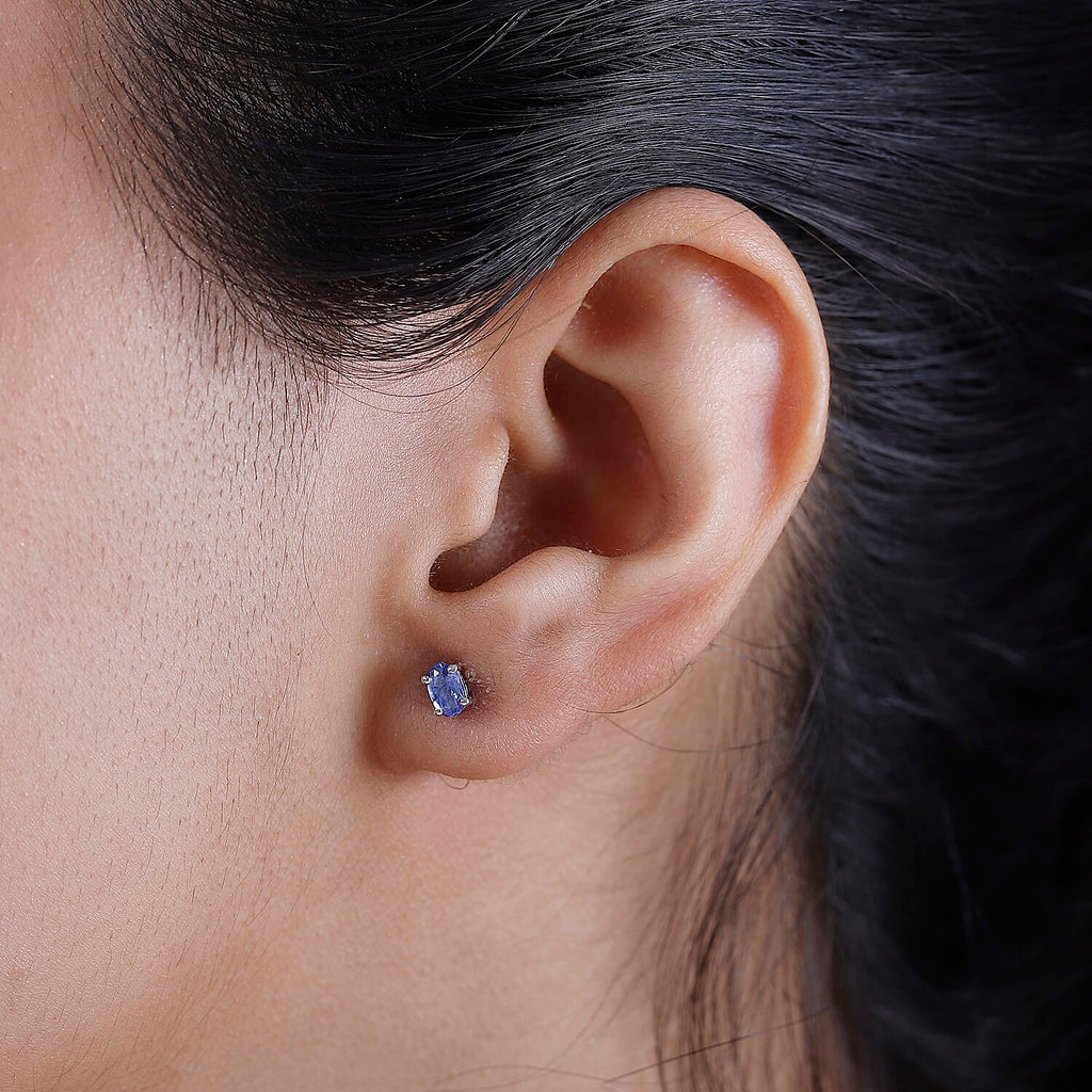 Tanzanite Solitaire Stud Earring With Push Back in Rhodium Overlay Sterling Silver
