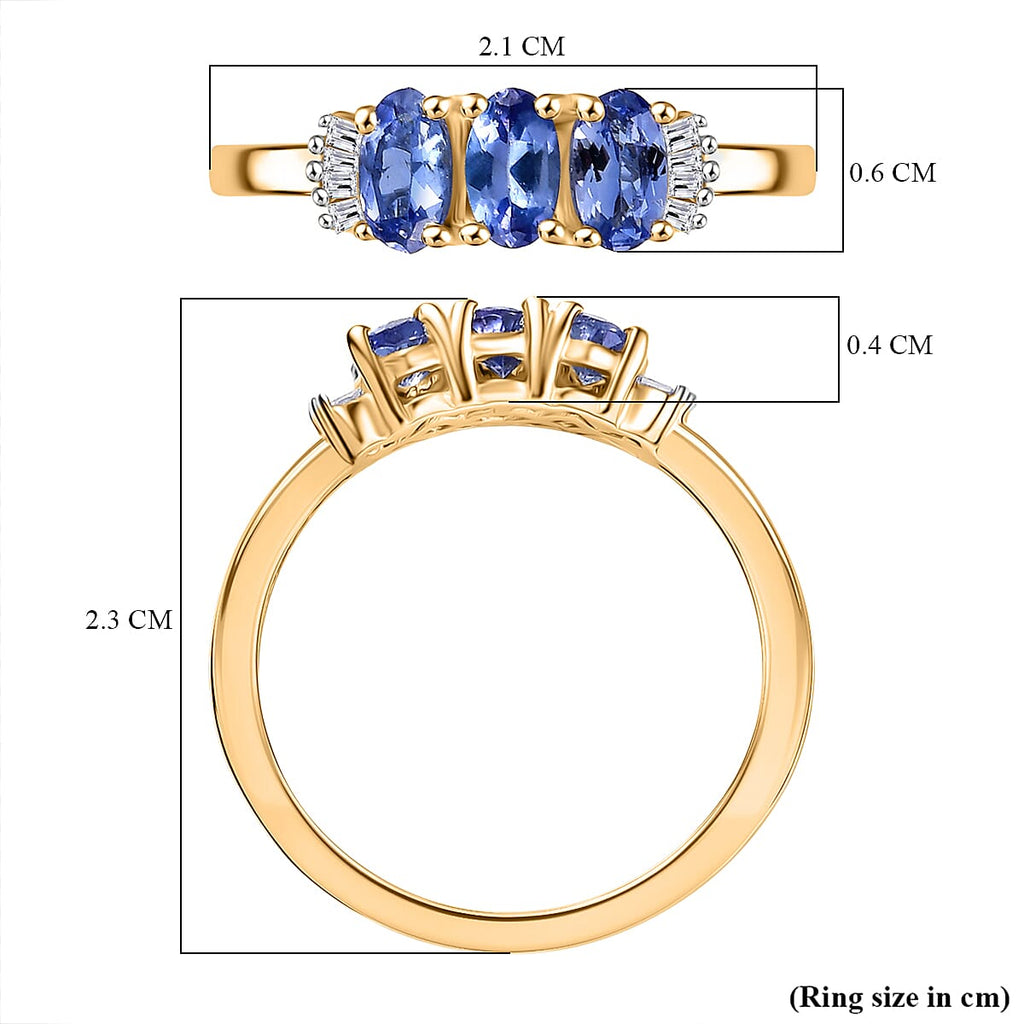 D'Joy Tanzanite & White Diamond Trilogy Ring in Yellow Gold Plated Sterling Silver