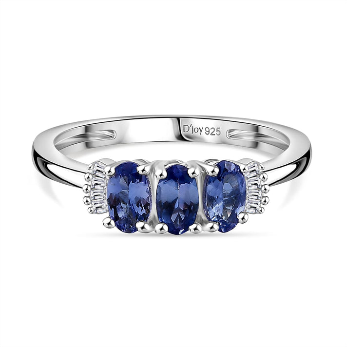 D'Joy Premium Tanzanite &amp; White Diamond Trilogy Ring in Platinum Overlay Sterling Silver 8276929 1