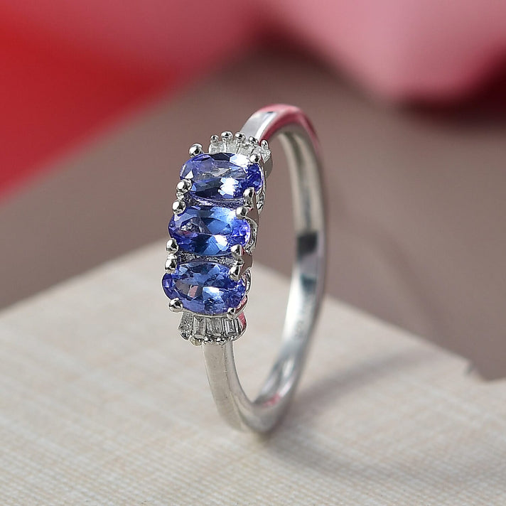 D'Joy Premium Tanzanite &amp; White Diamond Trilogy Ring in Platinum Overlay Sterling Silver 8276929 2
