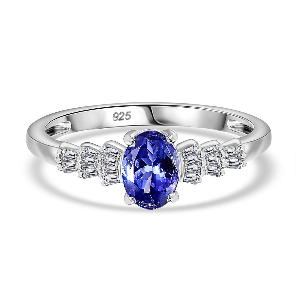 Premium Tanzanite & White Diamond Solitaire Ring in Rhodium Overlay Sterling Silver
