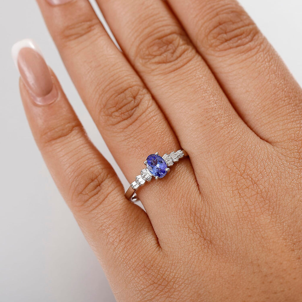 Premium Tanzanite & White Diamond Solitaire Ring in Rhodium Overlay Sterling Silver