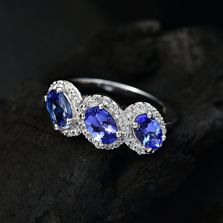 Tanzanite, White Zircon 3-Stone Ring in Rhodium Overlay Sterling Silver 8058884 2