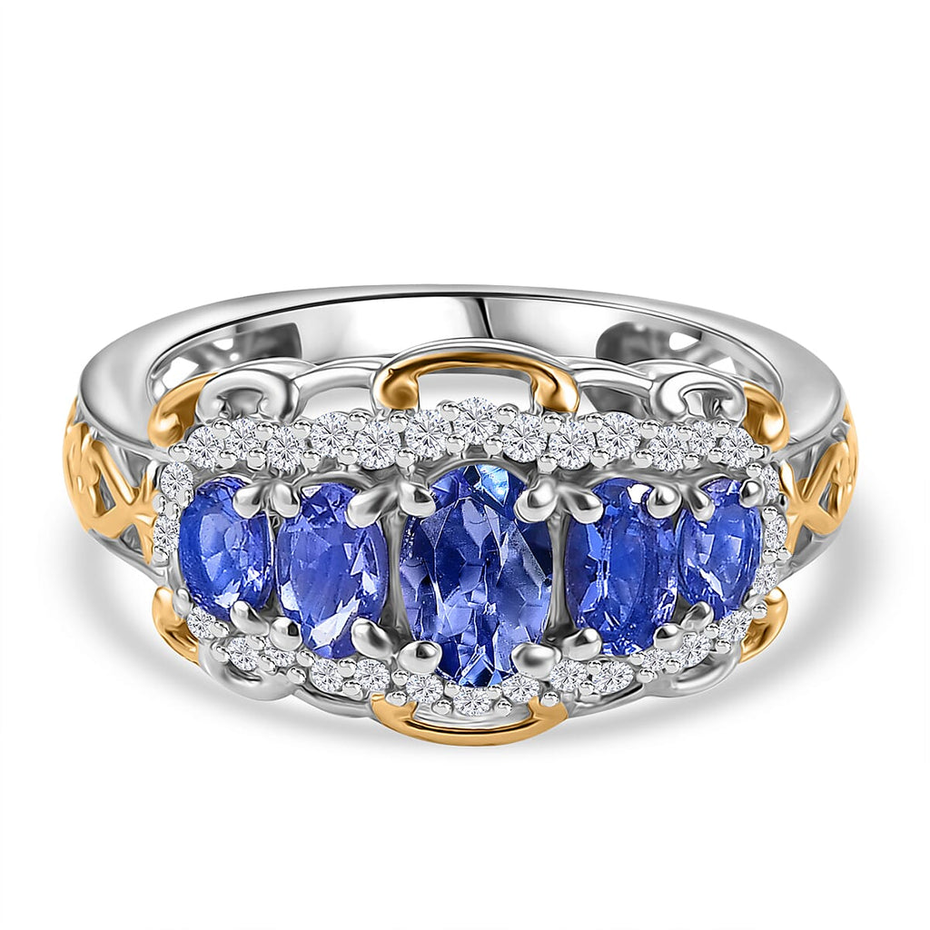 Premium Tanzanite & White Zircon 5 Stone Ring in 18K Vermeil Yellow Gold Plated & Rhodium Plated Sterling Silver 1.70 Ct.