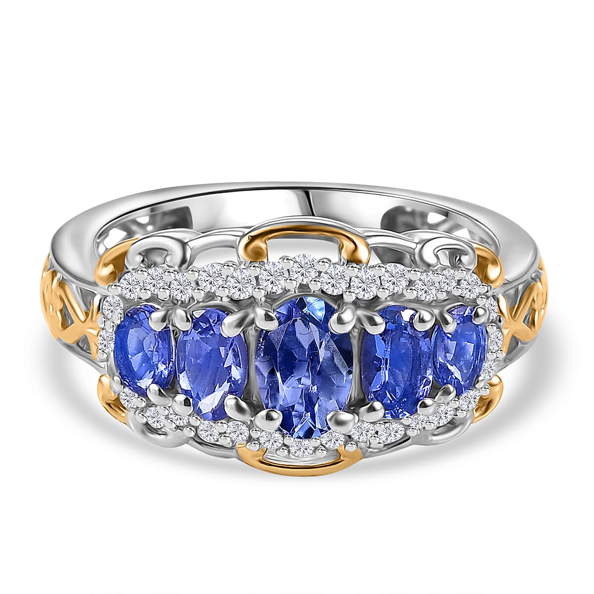 The Legacy of Kilimanjaro - Premium Tanzanite &amp; White Zircon 5 Stone Ring in 18K Vermeil Yellow Gold Plated &amp; Rhodium Plated Sterling Silver 1.70 Ct. 8082734 0