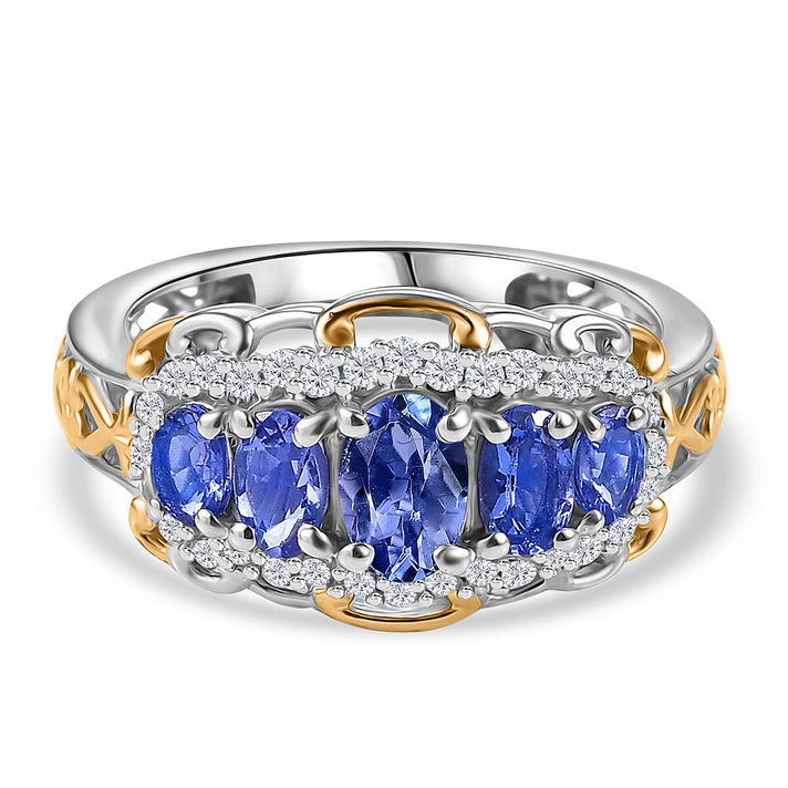 The Legacy of Kilimanjaro - Premium Tanzanite &amp; White Zircon 5 Stone Ring in 18K Vermeil Yellow Gold Plated &amp; Rhodium Plated Sterling Silver 1.70 Ct. 8082734 1