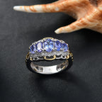 Premium Tanzanite & White Zircon 5 Stone Ring in 18K Vermeil Yellow Gold Plated & Rhodium Plated Sterling Silver 1.70 Ct.