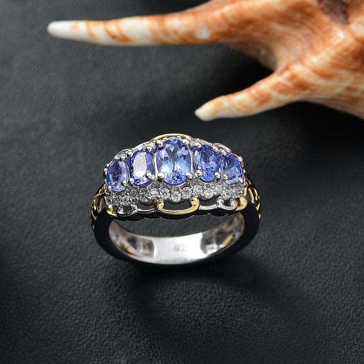The Legacy of Kilimanjaro - Premium Tanzanite &amp; White Zircon 5 Stone Ring in 18K Vermeil Yellow Gold Plated &amp; Rhodium Plated Sterling Silver 1.70 Ct. 8082734 2