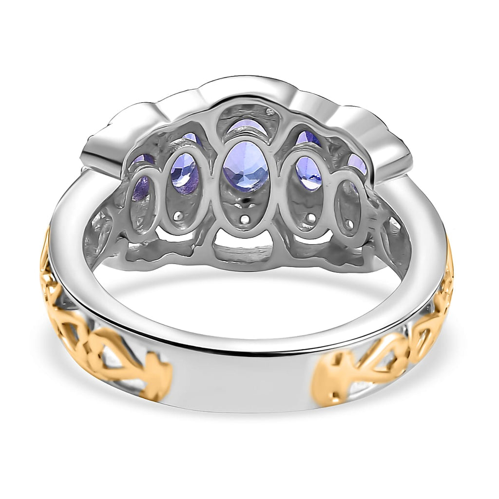 Premium Tanzanite & White Zircon 5 Stone Ring in 18K Vermeil Yellow Gold Plated & Rhodium Plated Sterling Silver 1.70 Ct.