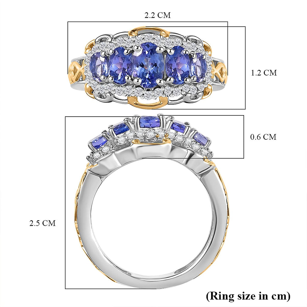 Premium Tanzanite & White Zircon 5 Stone Ring in 18K Vermeil Yellow Gold Plated & Rhodium Plated Sterling Silver 1.70 Ct.
