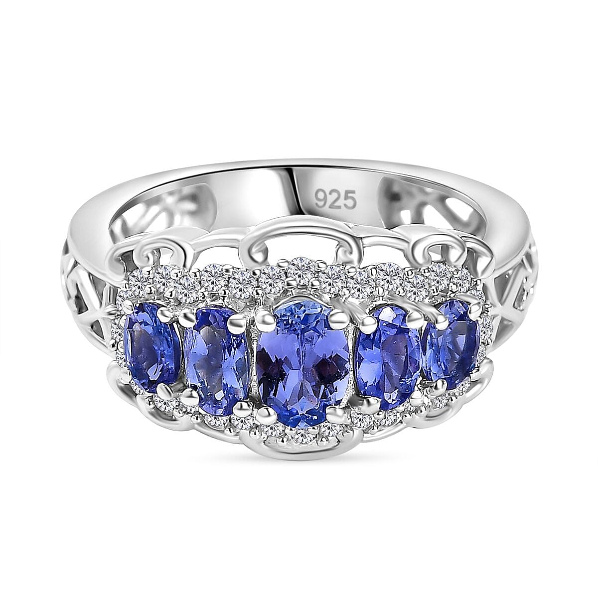 Tanzanite &amp; White Zircon 5 Stone Ring in Rhodium Overlay Sterling Silver 1.69 Ct. 8060276 0