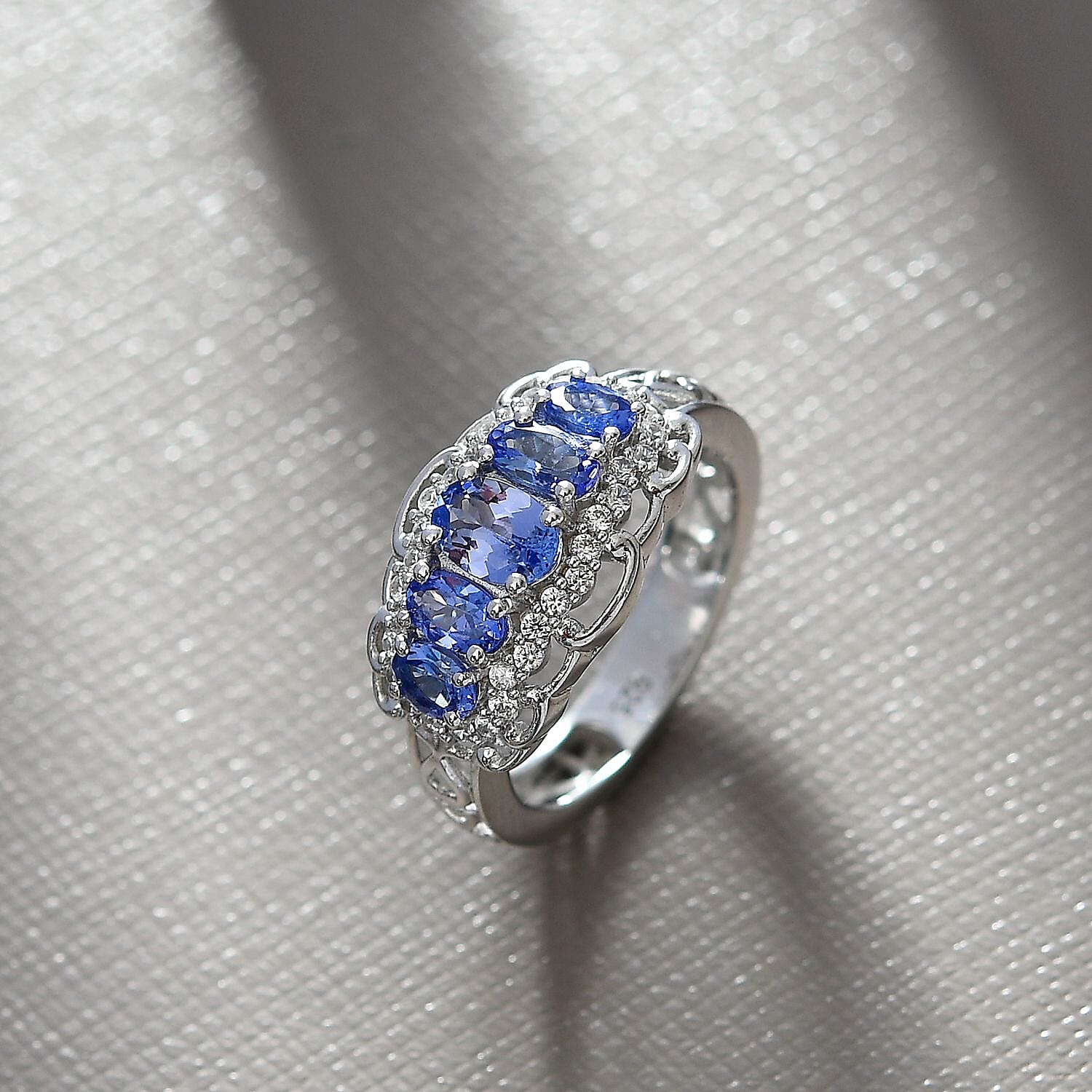 Tanzanite &amp; White Zircon 5 Stone Ring in Rhodium Overlay Sterling Silver 1.69 Ct. 8060276 2