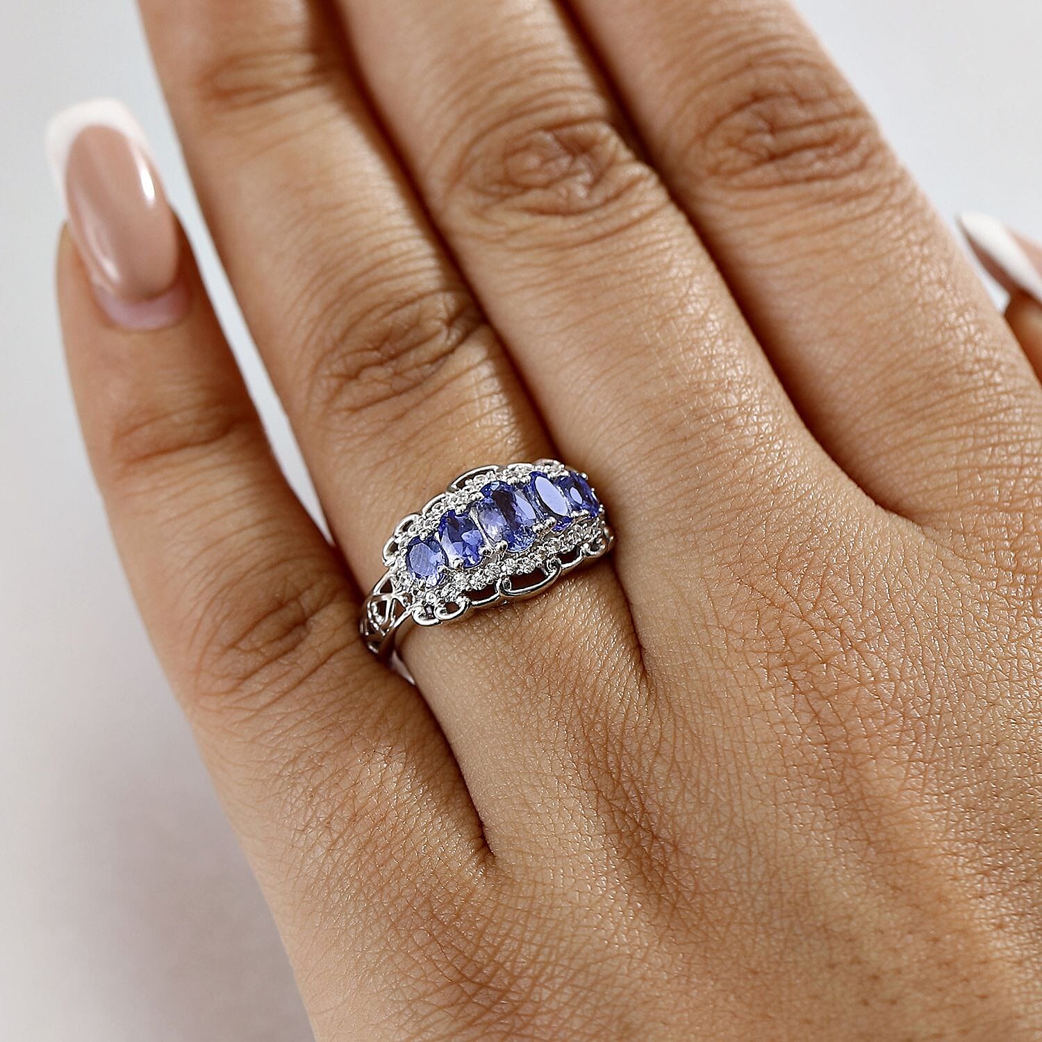 Tanzanite &amp; White Zircon 5 Stone Ring in Rhodium Overlay Sterling Silver 1.69 Ct. 8060276 3