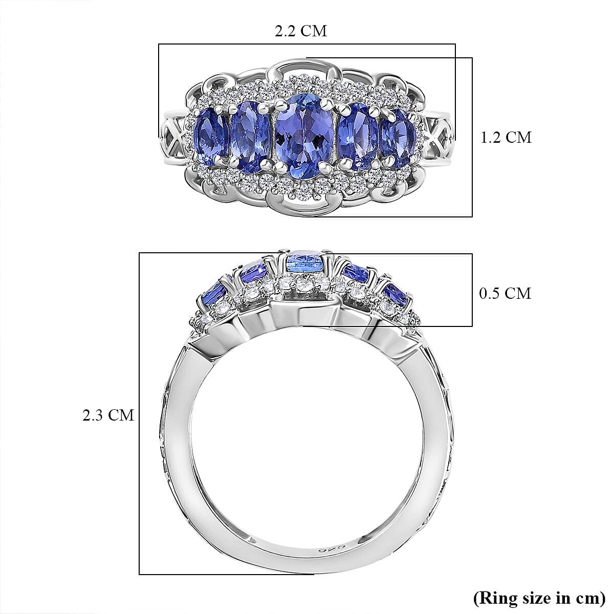 Tanzanite &amp; White Zircon 5 Stone Ring in Rhodium Overlay Sterling Silver 1.69 Ct. 8060276 6