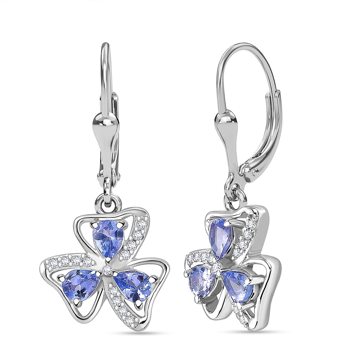 Tanzanite , White Zircon Floral Earrings in Rhodium Overlay Sterling Silver 7938695 0