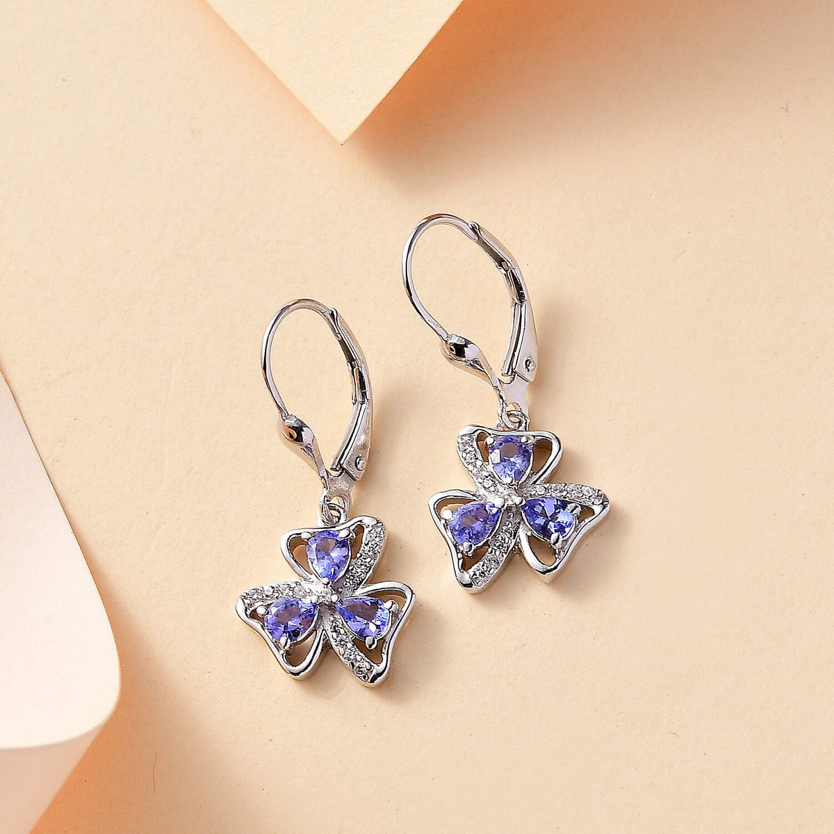 Tanzanite , White Zircon Floral Earrings in Rhodium Overlay Sterling Silver 7938695 1