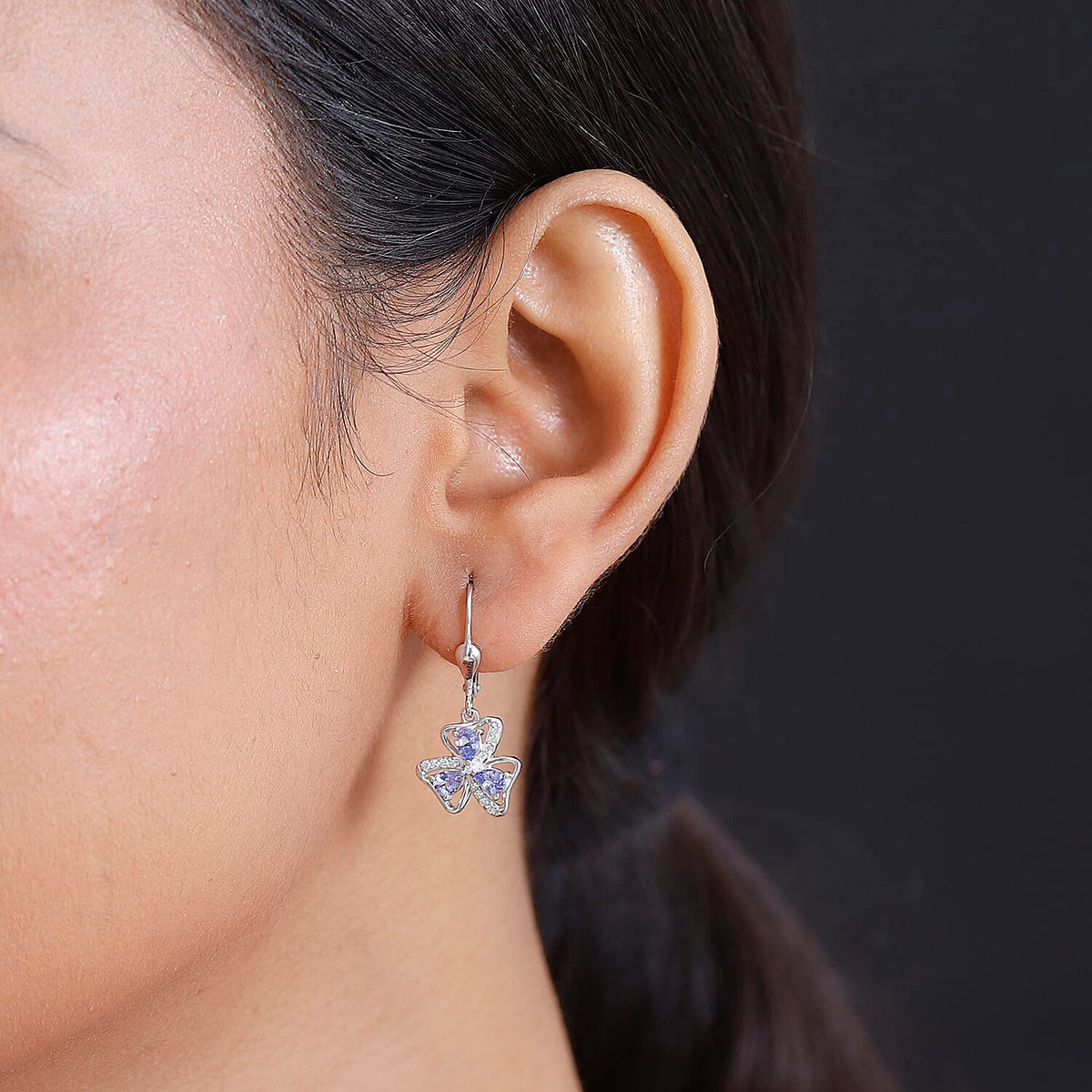 Tanzanite , White Zircon Floral Earrings in Rhodium Overlay Sterling Silver 7938695 2