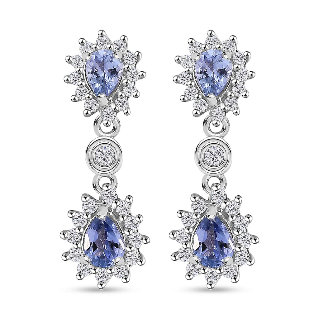 Tanzanite & White Zircon Dangling Earring With Push Back in Rhodium Overlay Sterling Silver 1.29 Ct.