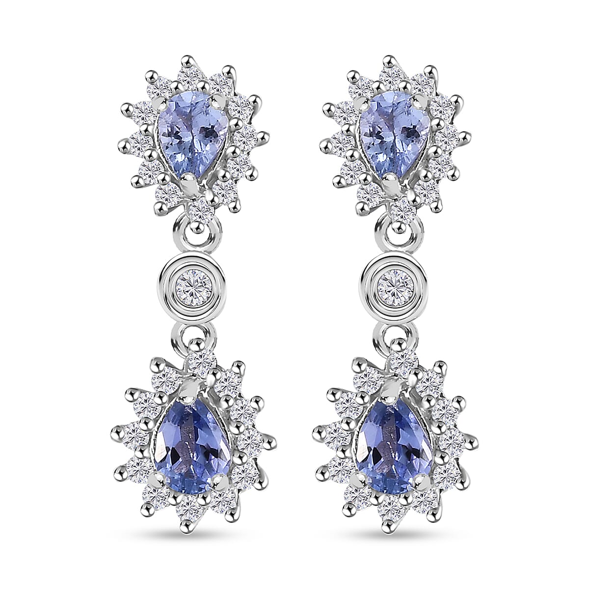 Tanzanite and White Zircon Dangling Earring With Push Back in Rhodium Overlay Sterling Silver 7994717 0