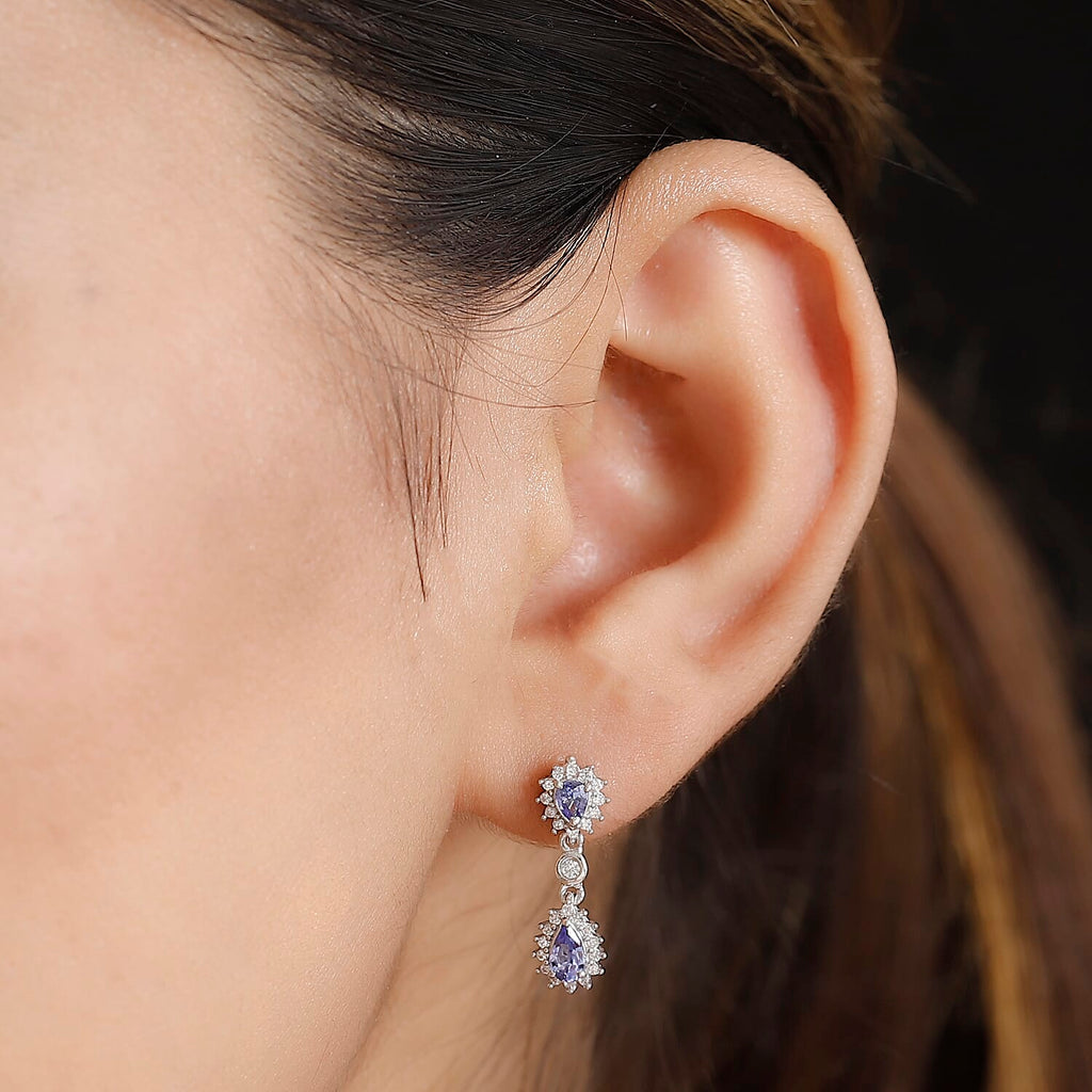 Tanzanite & White Zircon Dangling Earring With Push Back in Rhodium Overlay Sterling Silver 1.29 Ct.
