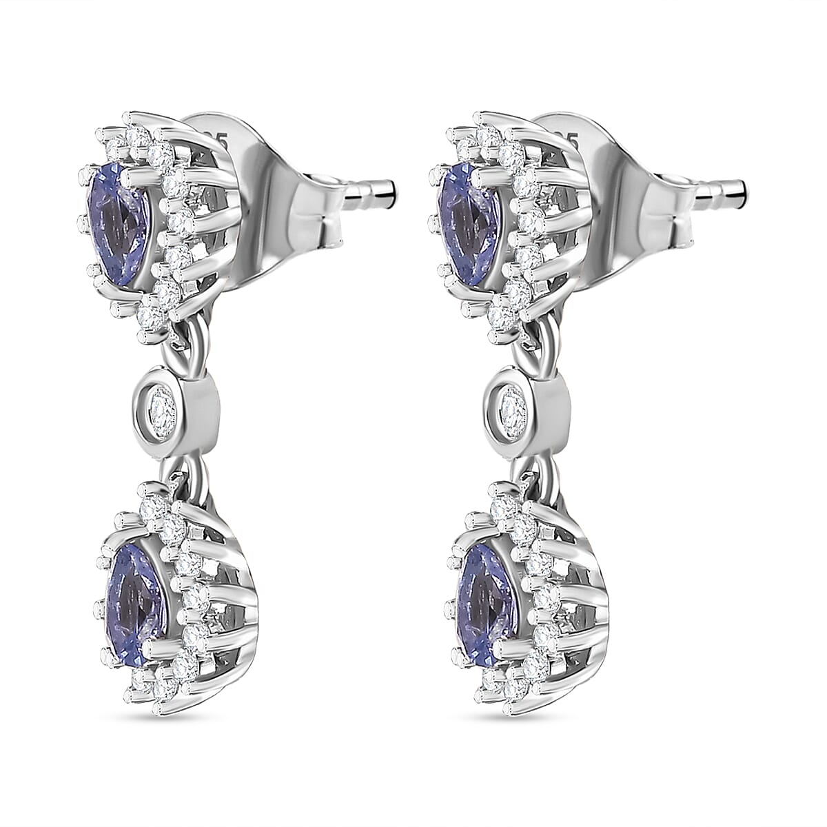 Tanzanite and White Zircon Dangling Earring With Push Back in Rhodium Overlay Sterling Silver 7994717 4
