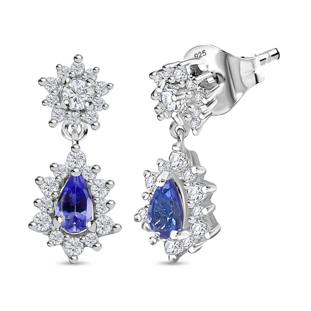 Tanzanite &amp; White Zircon Dangling Earring with Push Back in Rhodium Overlay Sterling Silver 1.03 Ct. 8061815 0