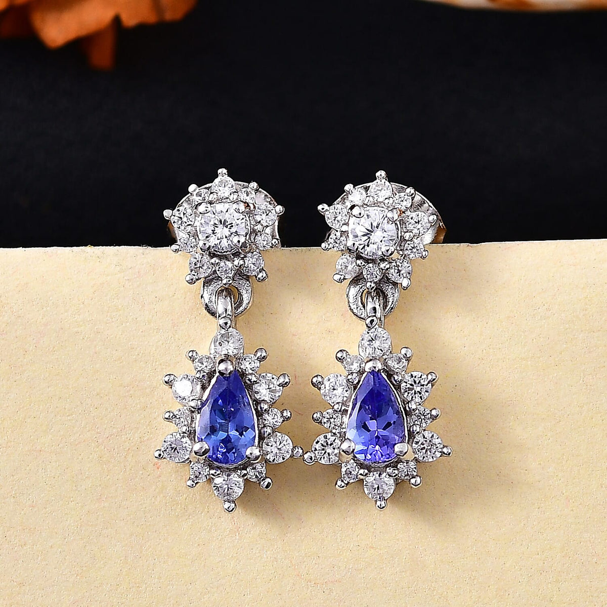 Tanzanite &amp; White Zircon Dangling Earring with Push Back in Rhodium Overlay Sterling Silver 1.03 Ct. 8061815 2