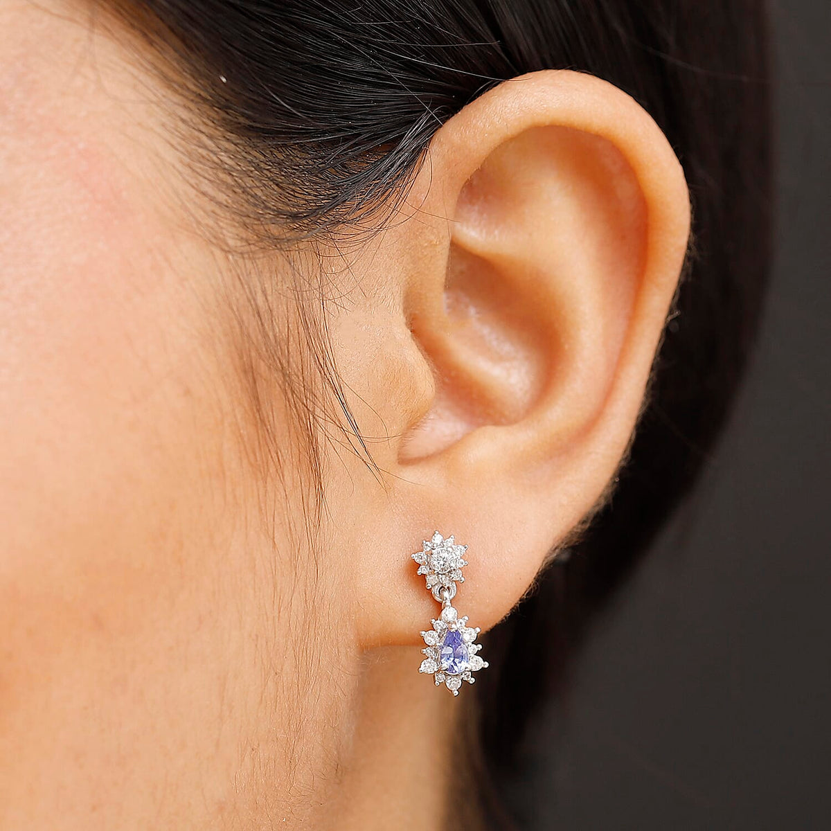 Tanzanite &amp; White Zircon Dangling Earring with Push Back in Rhodium Overlay Sterling Silver 1.03 Ct. 8061815 3
