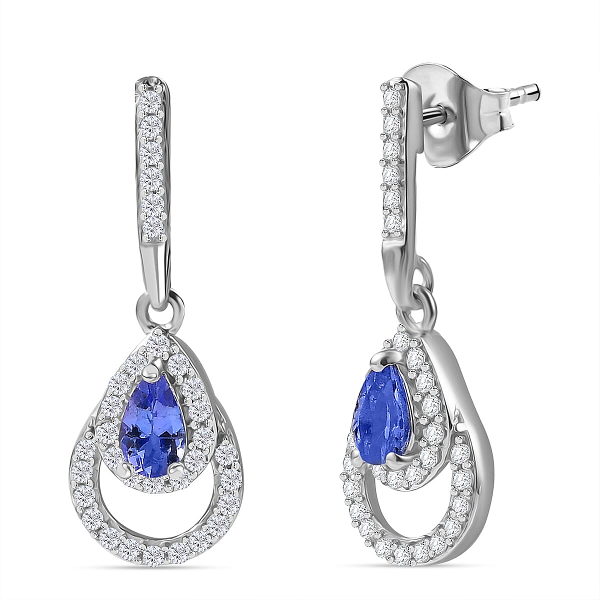 Tanzanite, White Zircon Dangling Earrings in Rhodium Overlay Sterling Silver 7948776 0