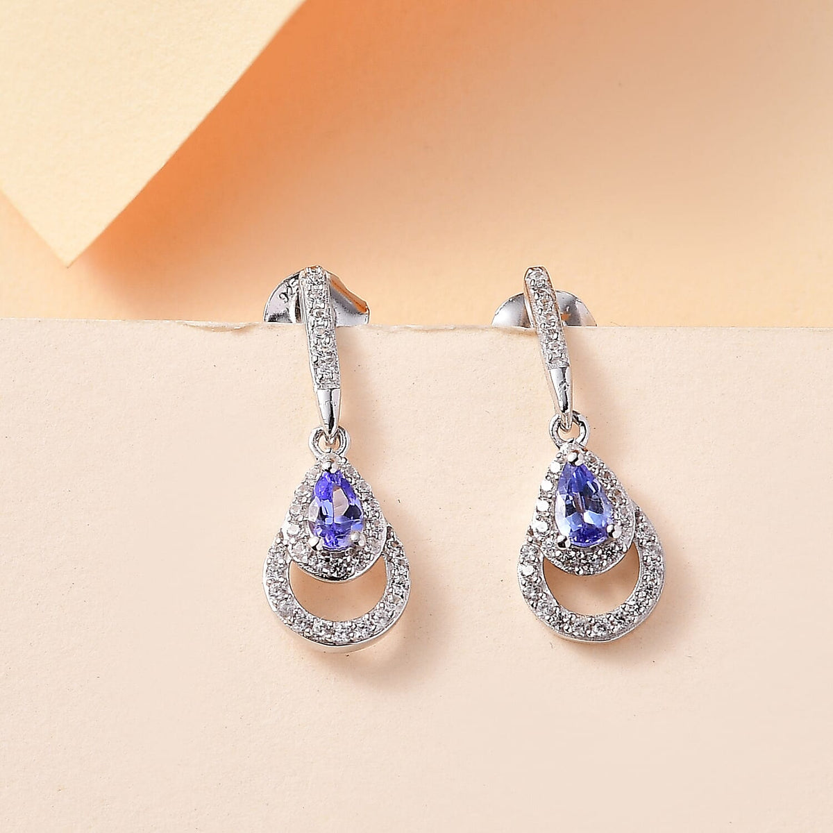 Tanzanite, White Zircon Dangling Earrings in Rhodium Overlay Sterling Silver 7948776 1